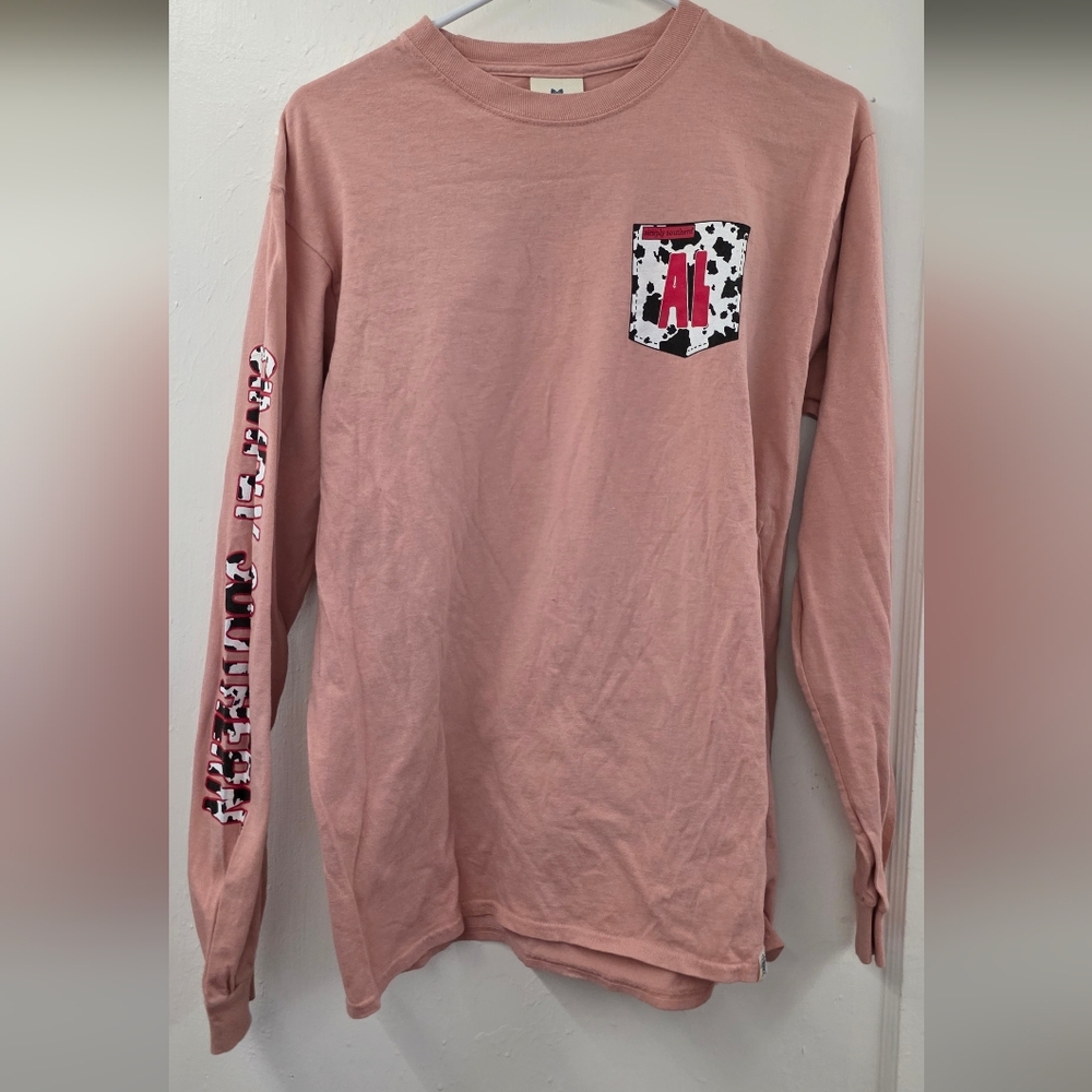 Simply Southern Alabama Graphic Tee Cow Print Long Sleeve Pink Womens Medium